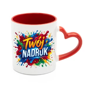 KUBEK BIAŁY, WNĘTRZE I UCHO SERCE CZERWONE 330 ML Z NADRUKIEM
