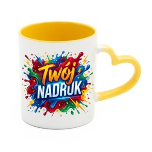 KUBEK BIAŁY, WNĘTRZE I UCHO SERCE ŻÓŁTE 330 ML Z NADRUKIEM