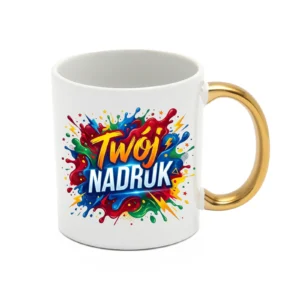 KUBEK BIAŁY, UCHO ZŁOTY METALIC 330 ML Z NADRUKIEM