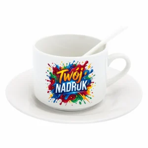FILIŻANKA BIAŁA Z SPODKIEM I ŁYŻECZKĄ 170 ML Z NADRUKIEM