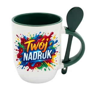 KUBEK BIAŁY Z ŁYŻECZKĄ, WNĘTRZE I UCHO CIEMNOZIELONE 350 ML Z NADRUKIEM