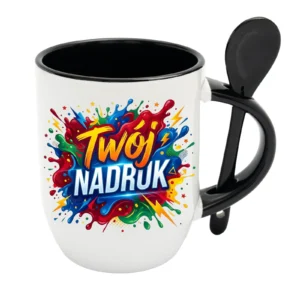 KUBEK BIAŁY Z ŁYŻECZKĄ, WNĘTRZE I UCHO CZARNE 350 ML Z NADRUKIEM
