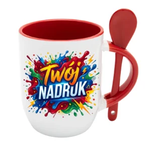 KUBEK BIAŁY Z ŁYŻECZKĄ, WNĘTRZE I UCHO CZERWONE 350 ML Z NADRUKIEM