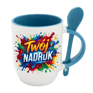 KUBEK BIAŁY Z ŁYŻECZKĄ, WNĘTRZE I UCHO JASNONIEBIESKE 350 ML Z NADRUKIEM