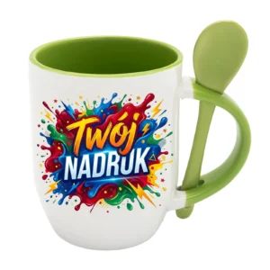 KUBEK BIAŁY Z ŁYŻECZKĄ, WNĘTRZE I UCHO JASNOZIELONE 350 ML Z NADRUKIEM