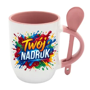 KUBEK BIAŁY Z ŁYŻECZKĄ, WNĘTRZE I UCHO RÓŻOWE 350 ML Z NADRUKIEM