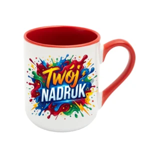 KUBEK BIAŁY COFFEE, WNĘTRZE I UCHO CZERWONE 330 ML Z NADRUKIEM