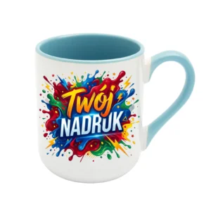 KUBEK BIAŁY COFFEE, WNĘTRZE I UCHO JASNONIEBIESKE 330 ML Z NADRUKIEM