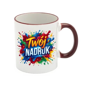 KUBEK BIAŁY, RANT I UCHO BORDOWE 330 ML Z NADRUKIEM