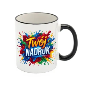 KUBEK BIAŁY, RANT I UCHO CZARNE 330 ML Z NADRUKIEM