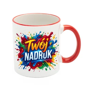KUBEK BIAŁY, RANT I UCHO CZERWONE 330 ML Z NADRUKIEM