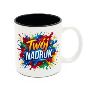 KUBEK BIAŁY, WNĘTRZE CZARNE 330 ML Z NADRUKIEM