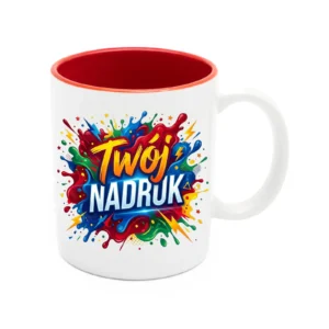 KUBEK BIAŁY, WNĘTRZE CZERWONE 330 ML Z NADRUKIEM