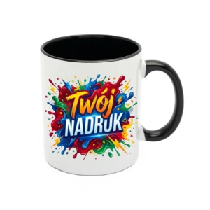 KUBEK BIAŁY, WNĘTRZE I UCHO CZARNE 330 ML Z NADRUKIEM