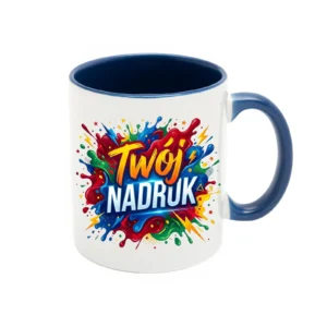 KUBEK BIAŁY, WNĘTRZE I UCHO NIEBIESKE 330 ML Z NADRUKIEM