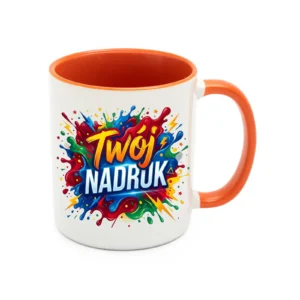 KUBEK BIAŁY, WNĘTRZE I UCHO POMARAŃCZOWE 330 ML Z NADRUKIEM