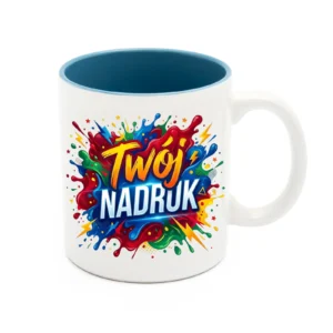 KUBEK BIAŁY, WNĘTRZE JASNONIEBIESKE 330 ML Z NADRUKIEM