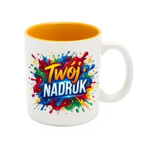 KUBEK BIAŁY, WNĘTRZE ŻÓŁTOZŁOTE 330 ML Z NADRUKIEM
