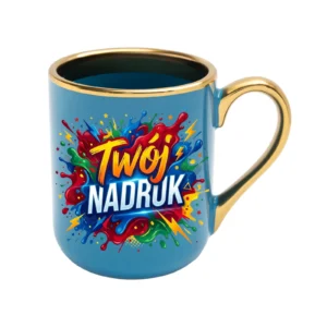 KUBEK ELEGANT NIEBIESKI, RANT I UCHO ZŁOTY METALIC 330 ML Z NADRUKIEM
