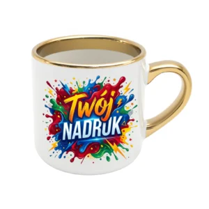 KUBEK ELEGANT SZEROKI BIAŁY, RANT I UCHO ZŁOTY METALIC 400 ML Z NADRUKIEM