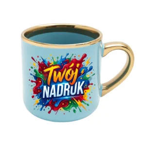 KUBEK ELEGANT SZEROKI JASNONIEBIESKI, RANT I UCHO ZŁOTY METALIC 400 ML Z NADRUKIEM