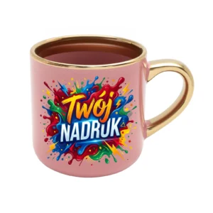KUBEK ELEGANT SZEROKI RÓŻOWY, RANT I UCHO ZŁOTY METALIC 400 ML Z NADRUKIEM