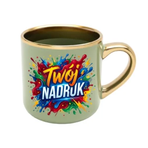 KUBEK ELEGANT SZEROKI ZIELONY, RANT I UCHO ZŁOTY METALIC 400 ML Z NADRUKIEM